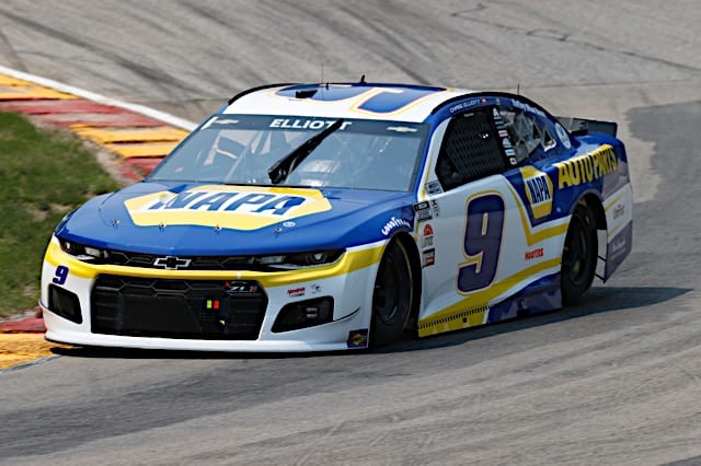 Chase Elliott practices for 2021 NASCAR Cup race at Road America in No. 9 NAPA Auto parts Chevy, NKP photo