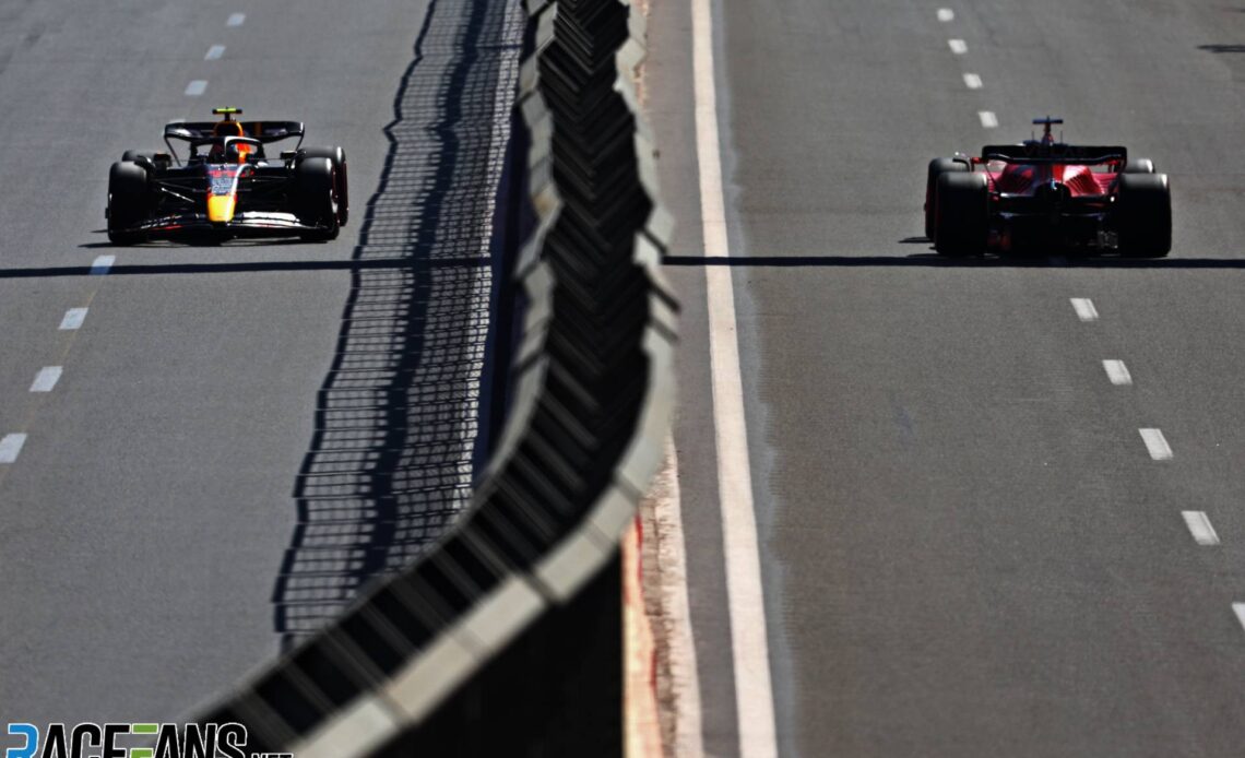 (L to R): Sergio Perez, Red Bull; Charles Leclerc, Ferrari; Baku Street Circuit, 2022