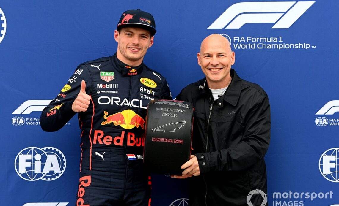 Pole man Max Verstappen, Red Bull Racing, receives his Pirelli Pole Position Award from Jacques Villeneuve