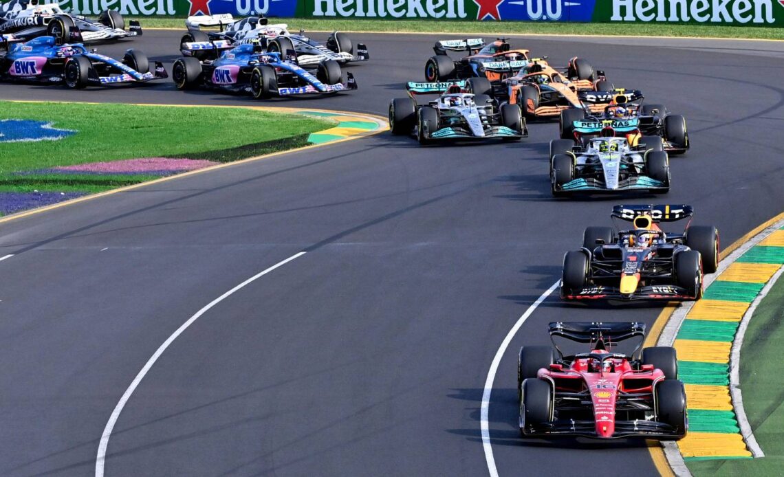 Charles Leclerc, Ferrari, leads the pack away. Australia, April 2022.