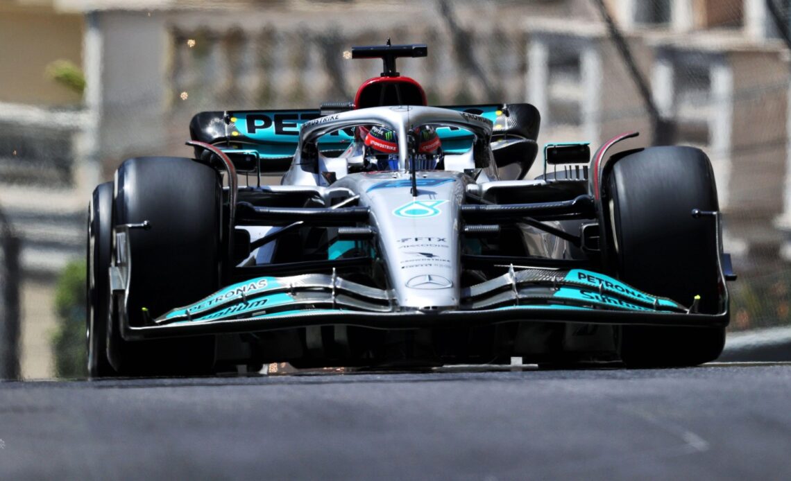 George Russell, Mercedes, in action. Monaco, May 2022.