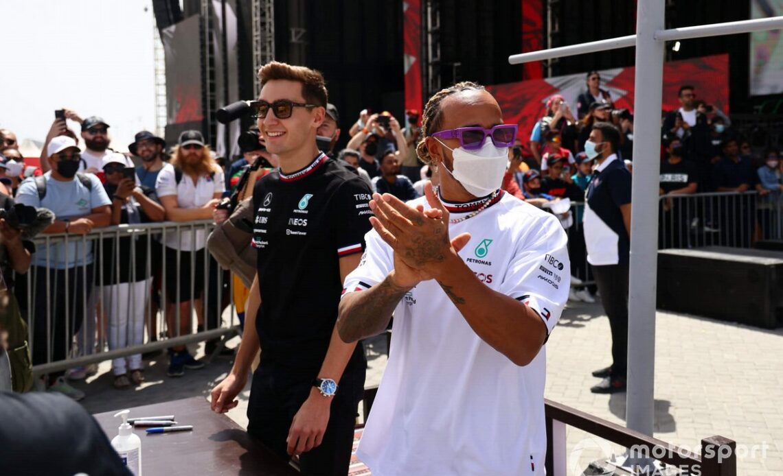 George Russell, Mercedes-AMG and Lewis Hamilton, Mercedes-AMG interact with fans