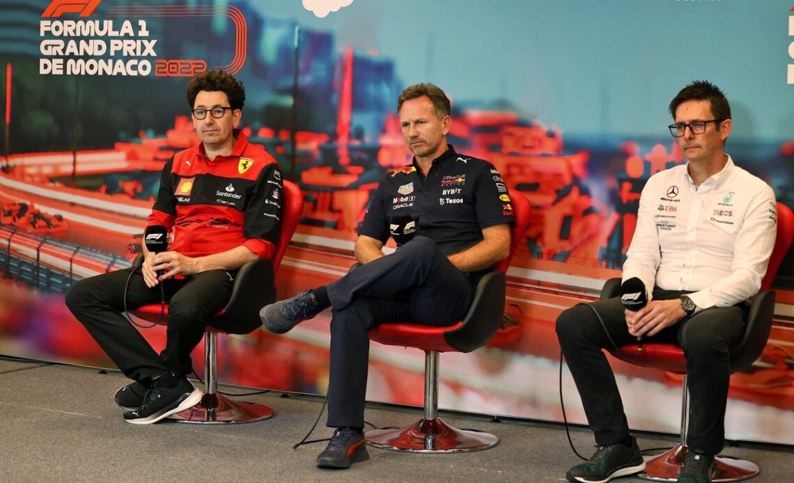 Mattia Binotto, Team Principal, Ferrari, Christian Horner, Team Principal, Red Bull Racing, Andrew Shovlin, Trackside Engineering Director, Mercedes AMG, in the Press Conference