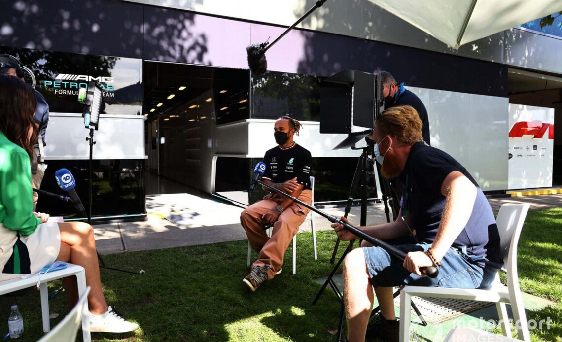 Lewis Hamilton, Mercedes-AMG, is interviewed