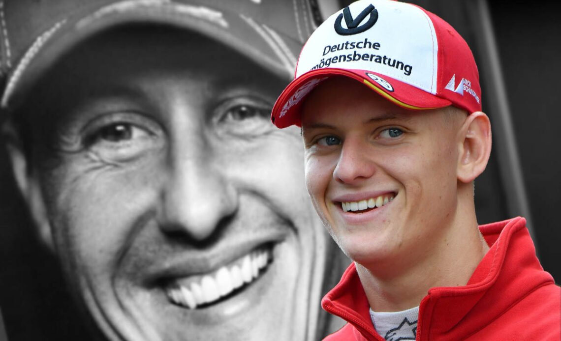 Mick Schumacher in front of a Michael motif. Silverstone July 2017.