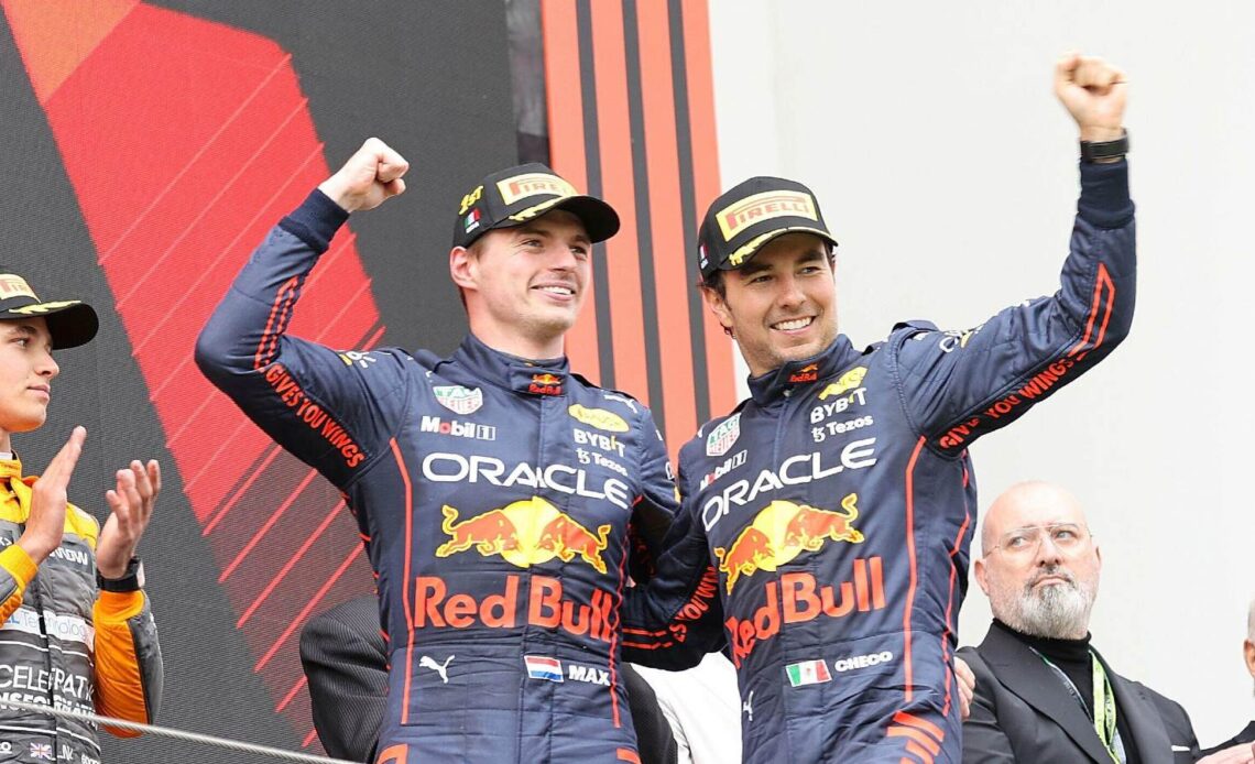 Max Verstappen and Sergio Perez celebrate together. Imola, April 2022.