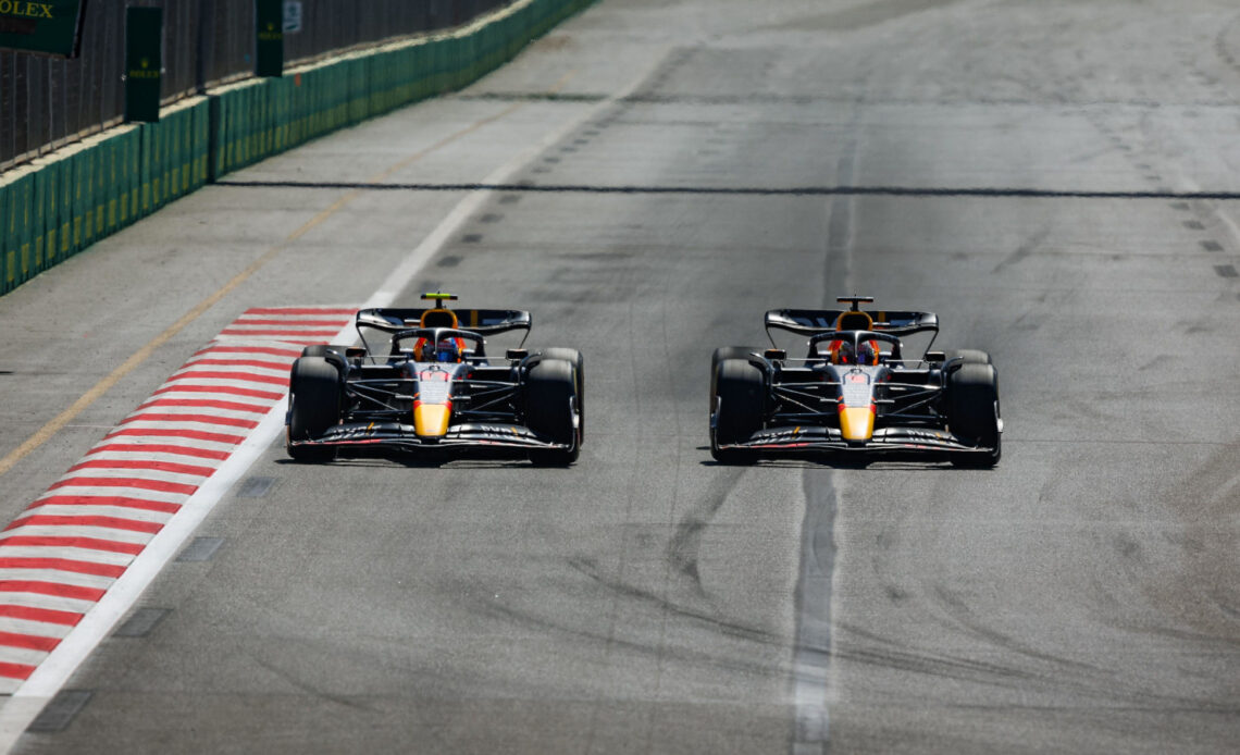 Max Verstappen passes Sergio Perez. Baku June 2022