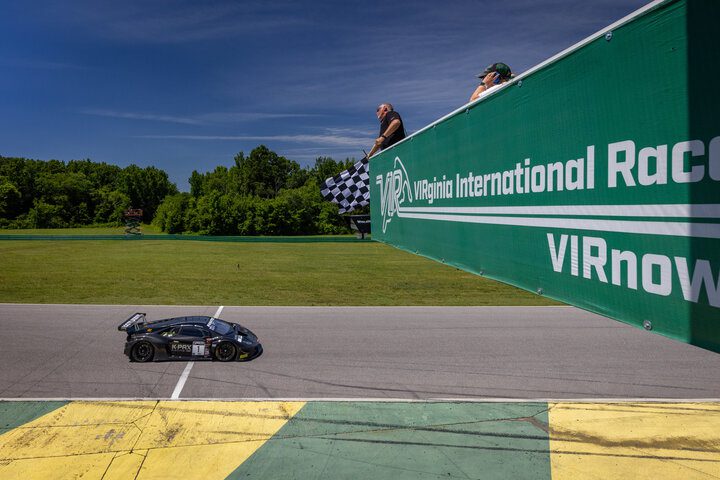 Michele Beretta takes the checkered flag to win Fanatec GT World Challenge America Powered by AWS Race No. 2 at VIR, 6/19/2022 (Photo: Regis Lefebvre/SRO Motorsports Group)