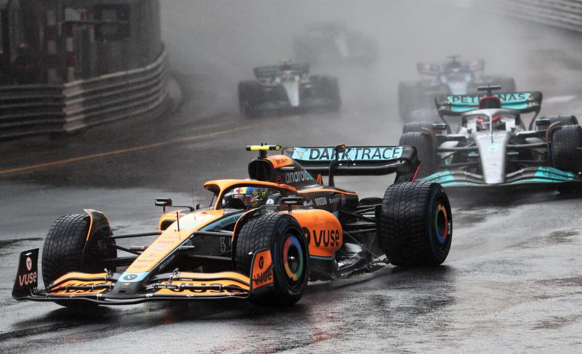 Lando Norris ahead of George Russell. Monaco, May 2022.