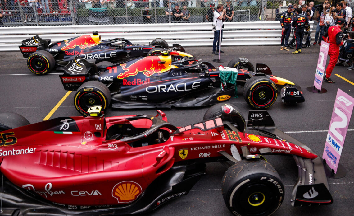 Ferrari and Red Bull cars parked in parc ferme after the Monaco Grand Prix. Monte Carlo, May 2022.