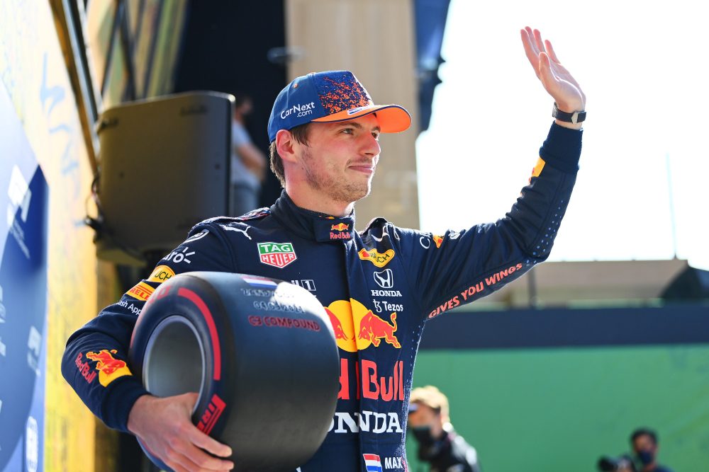 Pole position qualifier Max Verstappen of Netherlands and Red Bull Racing celebrates in parc ferme during qualifying ahead of the F1 Grand Prix of The Netherlands at Circuit Zandvoort on September 04, 2021 in Zandvoort, Netherlands. (Photo by Dan Mullan/Getty Images)