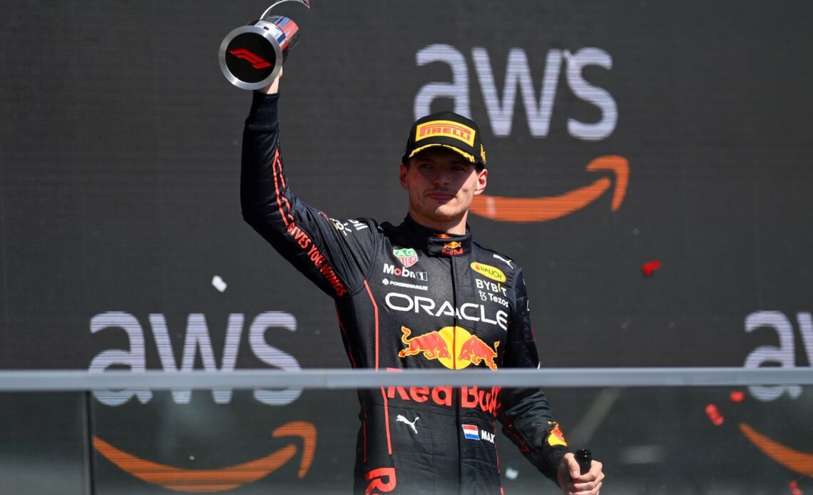Race winner Max Verstappen of the Netherlands and Oracle Red Bull Racing celebrates on the podium during the F1 Grand Prix of Canada at Circuit Gilles Villeneuve on June 19, 2022 in Montreal, Quebec. (Photo by Dan Mullan/Getty Images)