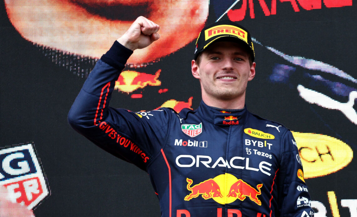 Race winner Max Verstappen fist pump. Imola April 2022