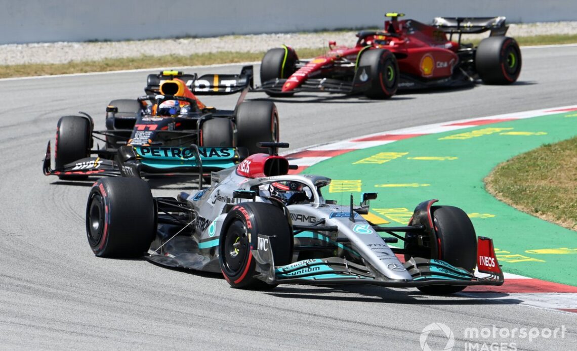 Spanish GP: George Russell, Mercedes W13, leads Sergio Perez, Red Bull Racing RB18, Carlos Sainz, Ferrari F1-75