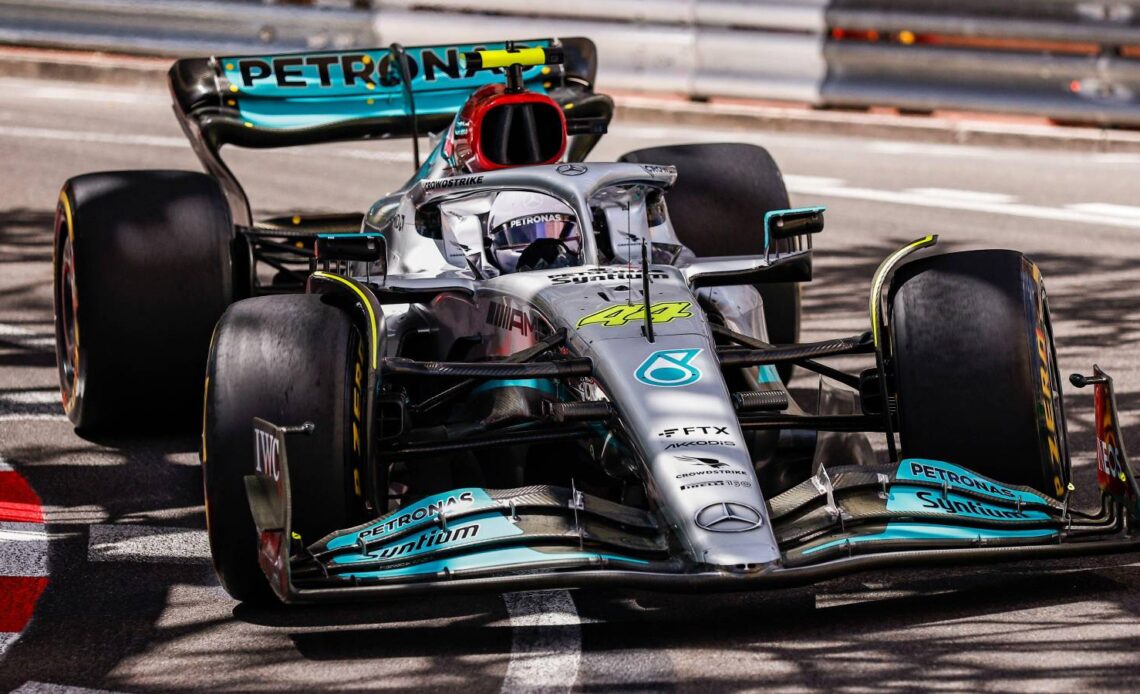 Lewis Hamilton, Mercedes, in practice action. Monaco, May 2022.