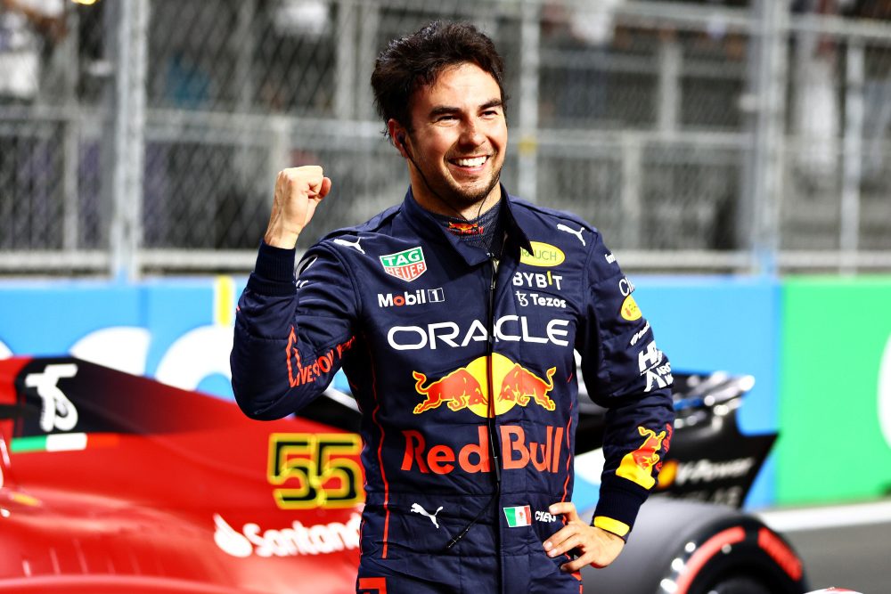 Pole position qualifier Sergio Perez of Mexico and Oracle Red Bull Racing celebrates in parc ferme during qualifying ahead of the F1 Grand Prix of Saudi Arabia at the Jeddah Corniche Circuit on March 26, 2022 in Jeddah, Saudi Arabia. (Photo by Mark Thompson/Getty Images)