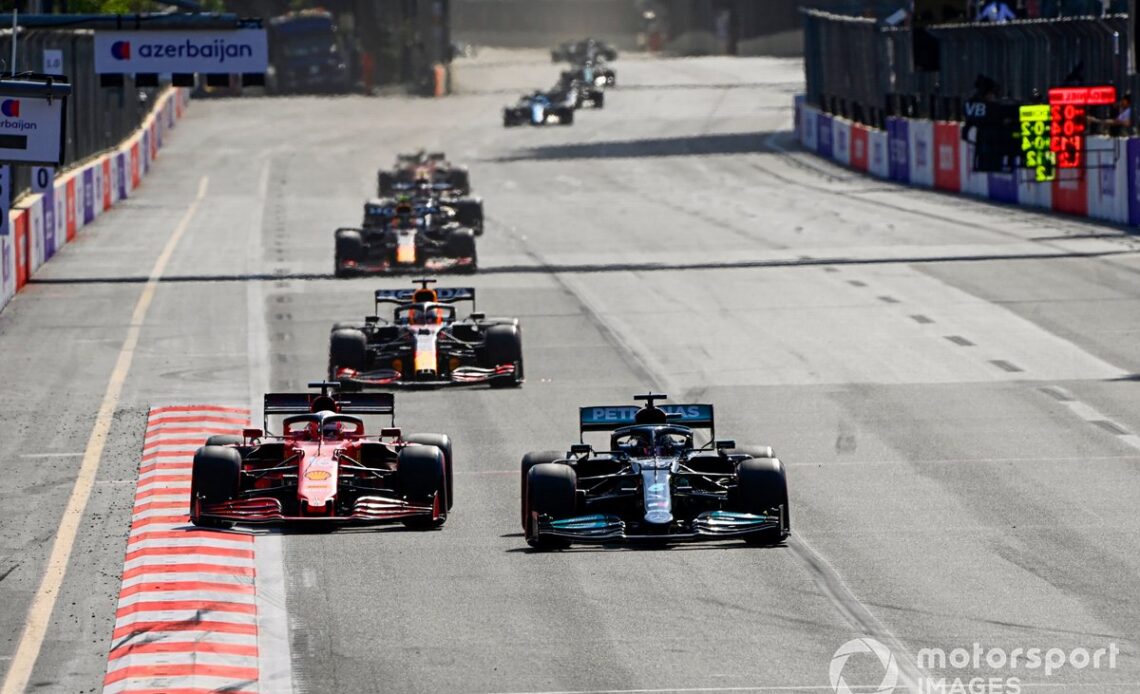 Lewis Hamilton, Mercedes W12, Charles Leclerc, Ferrari SF21 in 2021 Azerbaijan GP