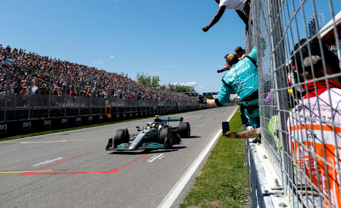 Lewis Hamilton cheered on by Mercedes as he finishes third. Montreal June 2022