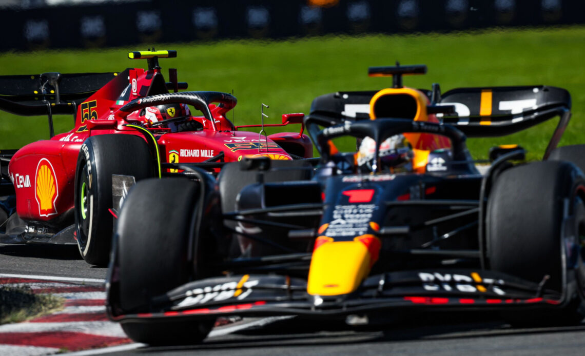 Max Verstappen is chased by Carlos Sainz. Montreal June 2022