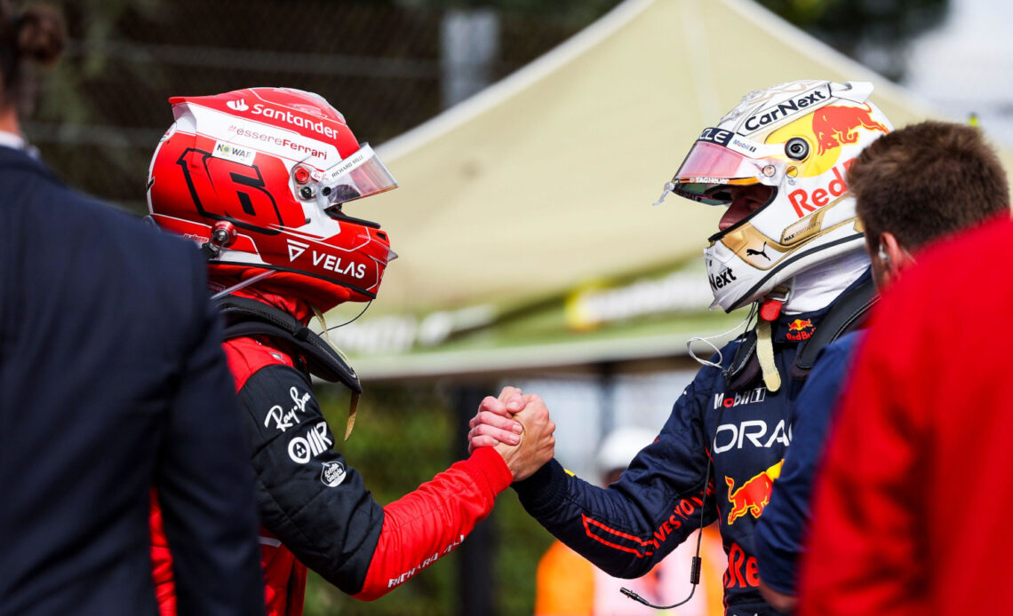 Charles Leclerc and Max Verstappen shake hands. Imola April 2022