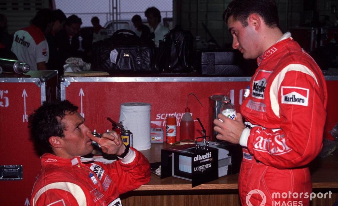 Morbidelli (right, with Scuderia Italia team-mate Andrea de Cesaris), made his F1 debut at Interlagos in 1990