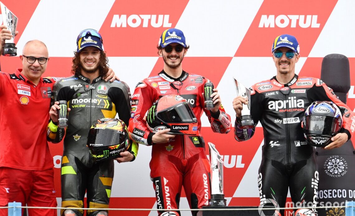 Francesco Bagnaia, Ducati Team, Marco Bezzecchi, VR46 Racing Team, Maverick Vinales, Aprilia Racing Team podium