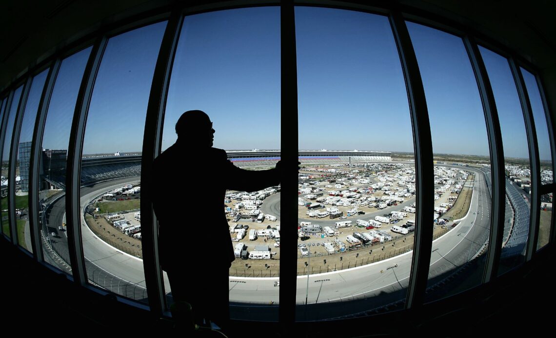 CEO of Speedway Motorsports Inc. Bruton Smith poses for a portrait in his condo overlooking the racetrack during practice for the NASCAR Nextel Cup Series Dickies 500 on November 4, 2005 at Texas Motor Speedway in Ft. Worth, Texas. (Photo by Jonathan Ferrey/Getty Images)