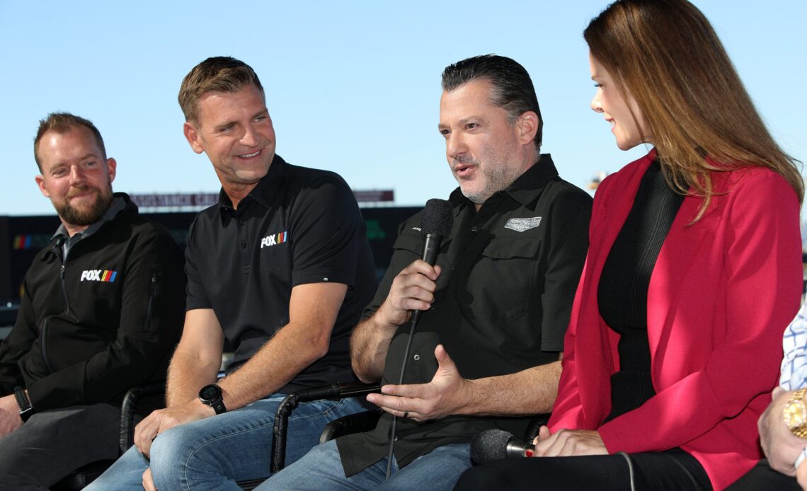 (L-R) Former NASCAR drivers and members of the NASCAR on Fox broadcast team, Regan Smith,Clint Bowyer, Tony Stewart and Jamie Little speak at a press conference during previews for the NASCAR Cup Series Busch Light Clash at Los Angeles Coliseum on February 04, 2022 in Los Angeles, California. (Photo by Sean Gardner/Getty Images)