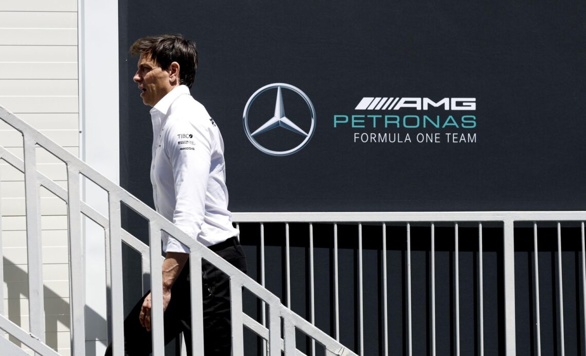 Toto Wolff, Mercedes, walks up the stairs. Canada, June 2022.