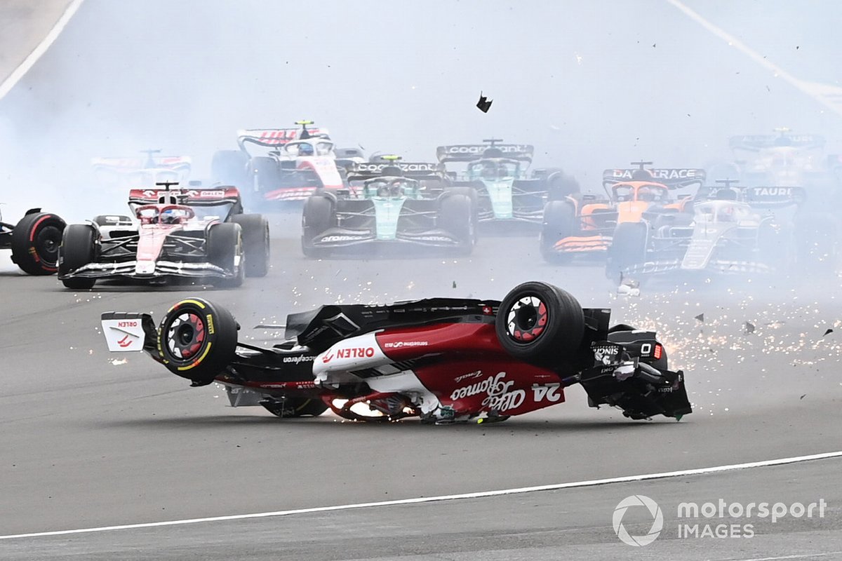 The accident involving Zhou Guanyu, Alfa Romeo C42 at the start of the race