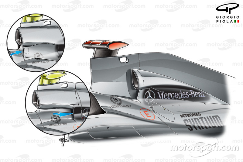 Mercedes W01 airbox comparison, full blade design used at this race, rather than compromises inset