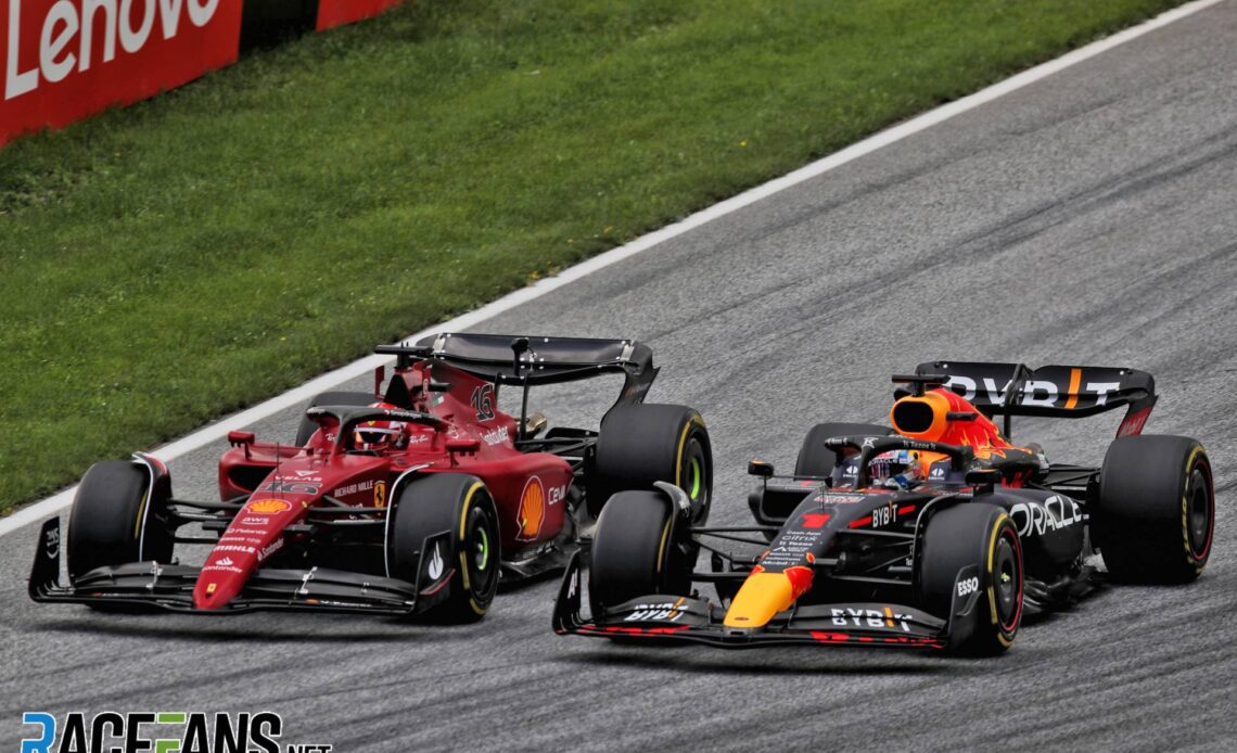 (L to R): Charles Leclerc, Ferrari; Max Verstappen, Red Bull; Red Bull Ring, 2022