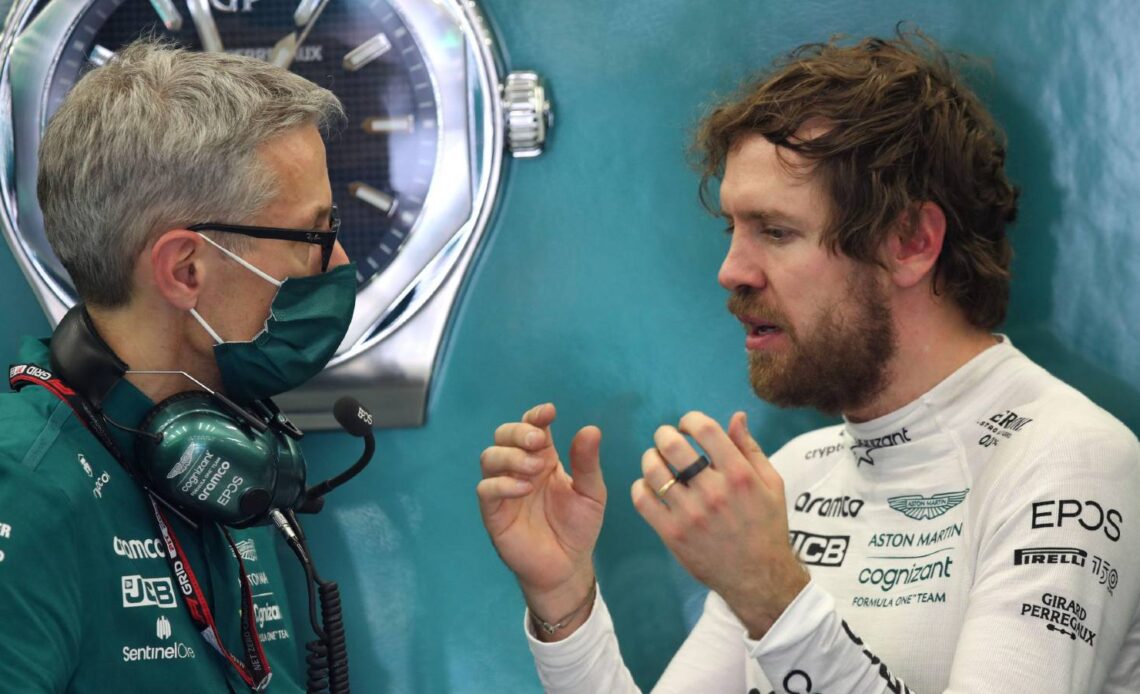 Sebastian Vettel talking to Aston Martin team principal Mike Krack. Bahrain March 2022.