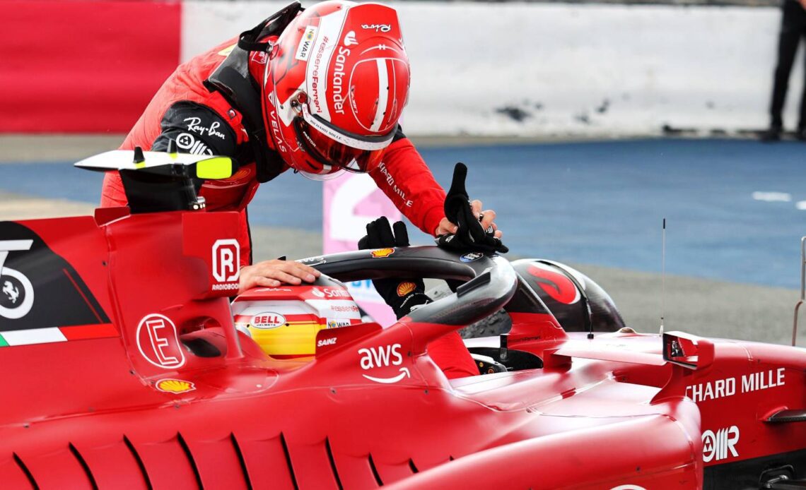 Charles Leclerc congratulates Ferrari team-mate Carlos Sainz for a first Formula 1 win. England, July 2022.