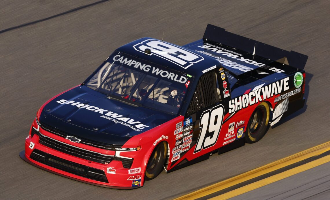 Derek Kraus, driver of the #19 Shockwave Chevrolet, drives during practice for the NASCAR Camping World Truck Series NextEra Energy 250 at Daytona International Speedway on February 17, 2022 in Daytona Beach, Florida. (Photo by Jared C. Tilton/Getty Images)