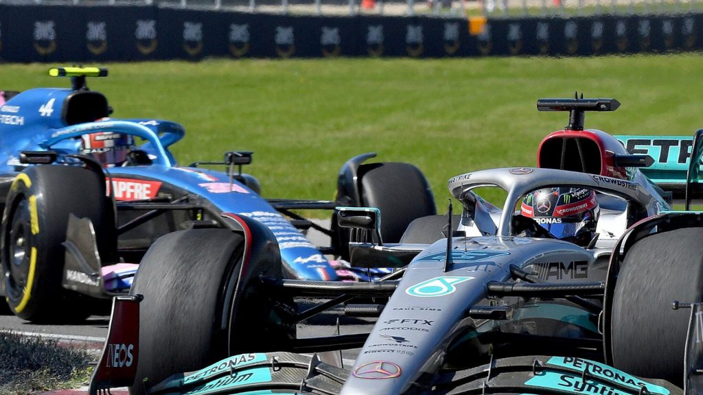 Esteban Ocon chasing George Russell in the grand prix. Canada June 2022