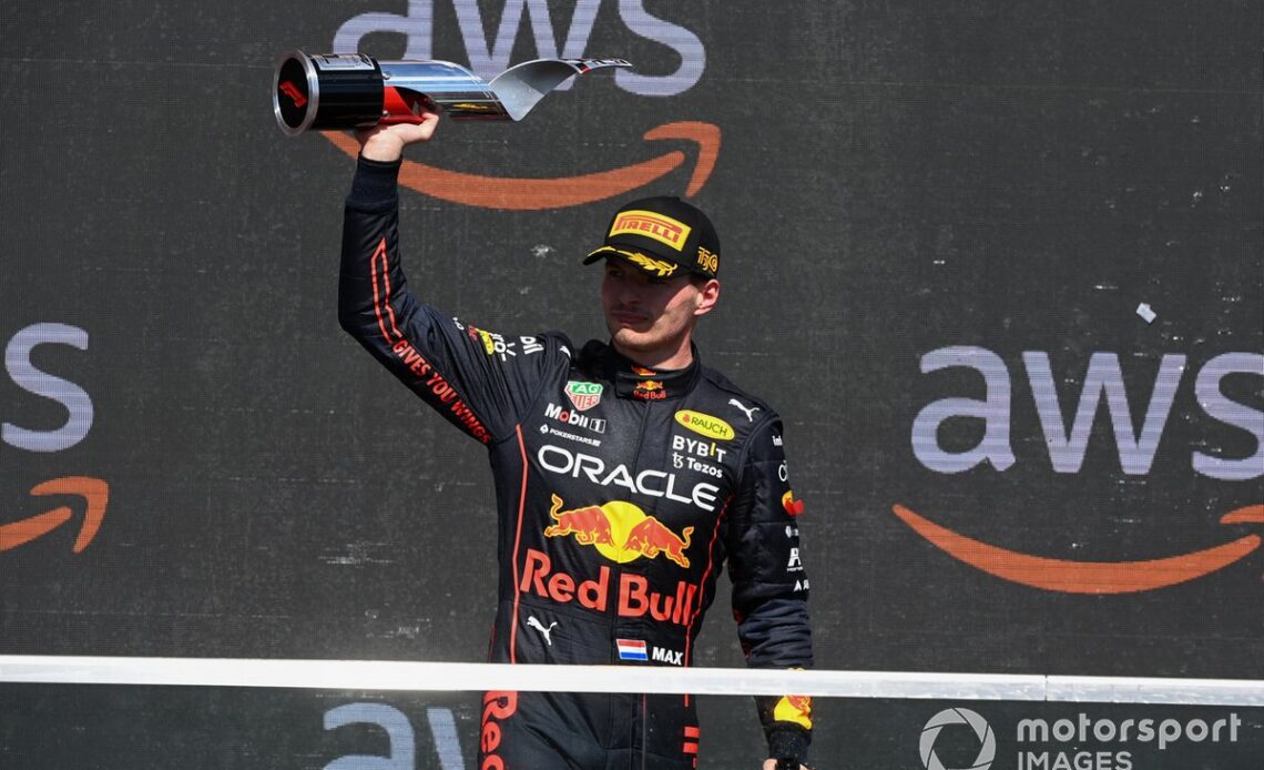 Max Verstappen, Red Bull Racing, 1st position, lifts his trophy