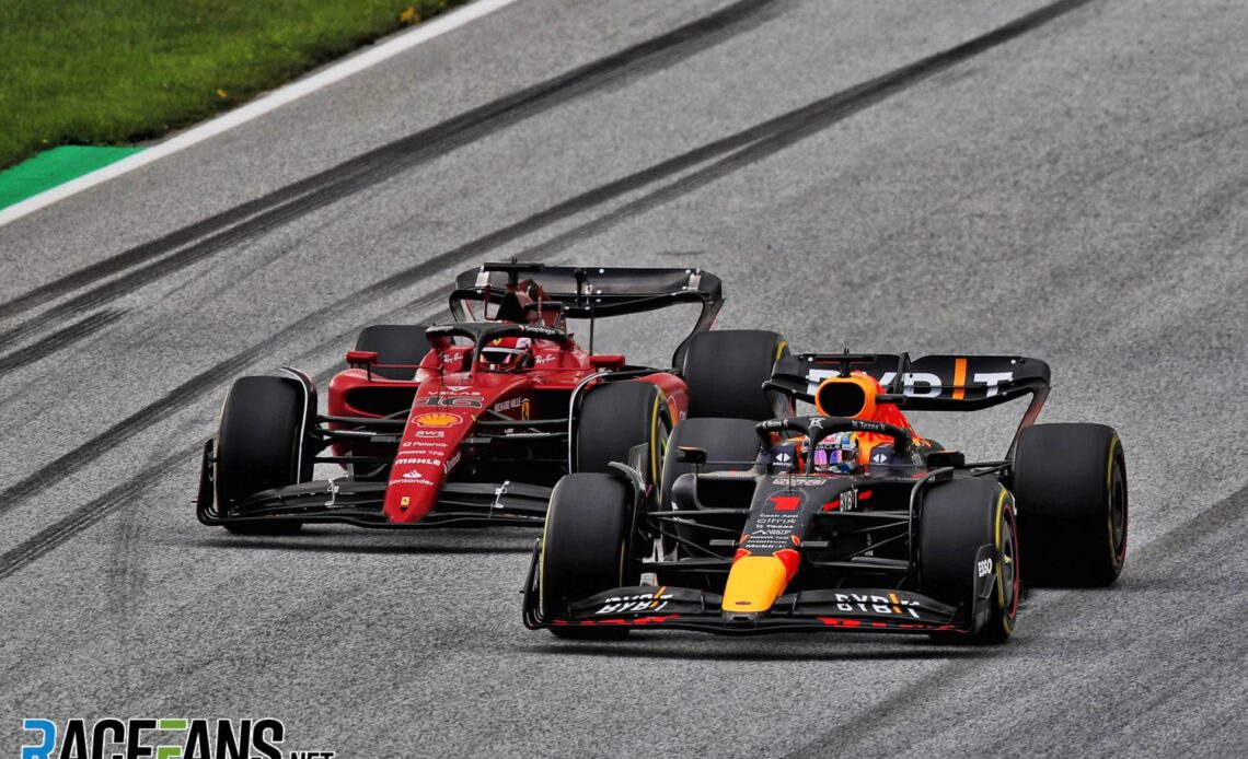 (L to R): Charles Leclerc, Ferrari; Max Verstappen, Red Bull; Red Bull Ring, 2022