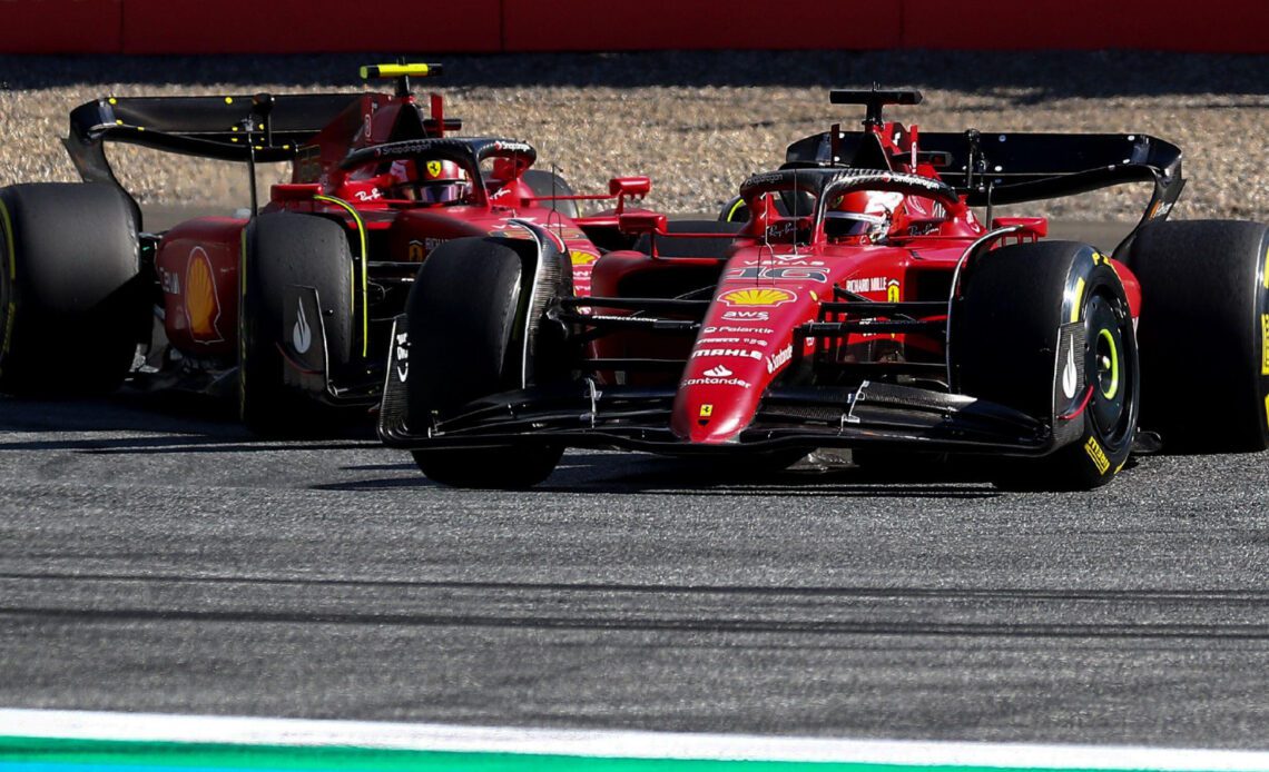 Charles Leclerc leads Ferrari team-mate Carlos Sainz. Spielberg, July 2022.