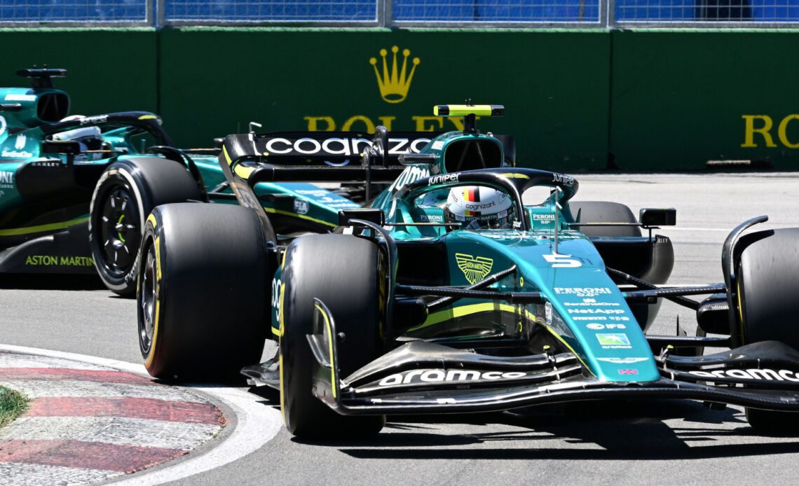 Sebastian Vettel of Germany steers ahead of team-mate Lance Stroll. Canada June 2022