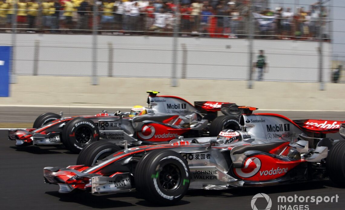 Lewis Hamilton, McLaren MP4-22 Mercedes and Fernando Alonso, McLaren MP4-22 Mercedes go side by side on the opening lap