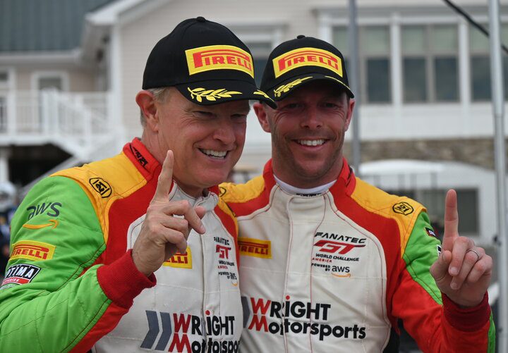 Charlie Luck and Jan Heylen celebrate their overall win in Fanatec GT World Challenge America Powered by AWS Race No. 1 at Watkins Glen, 7/23/2022 (Photo: Phil Allaway)