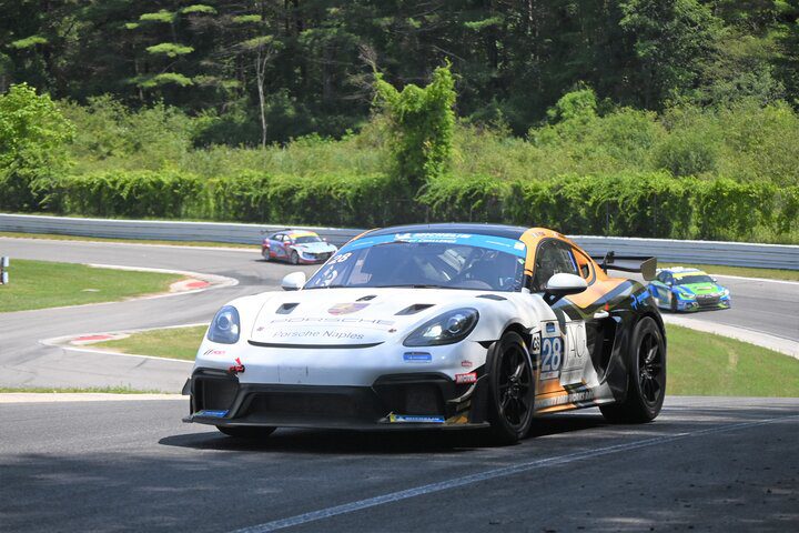 Stevan McAleer exits the Climbing Turn during Michelin Pilot Challenge practice at Lime Rock Park, 7/15/2022 (Photo: Phil Allaway)