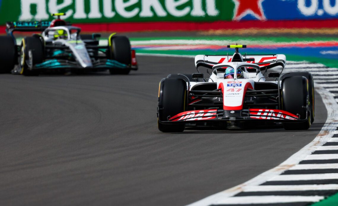 Mick Schumacher ahead of Lewis Hamilton in practice. Silverstone July 2022