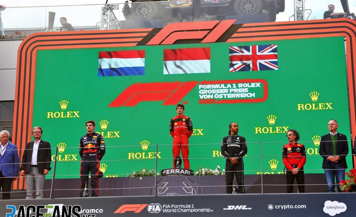 (L to R): Max Verstappen, Red Bull; Charles Leclerc, Ferrari; Lewis Hamilton, Mercedes; Red Bull Ring, 2022