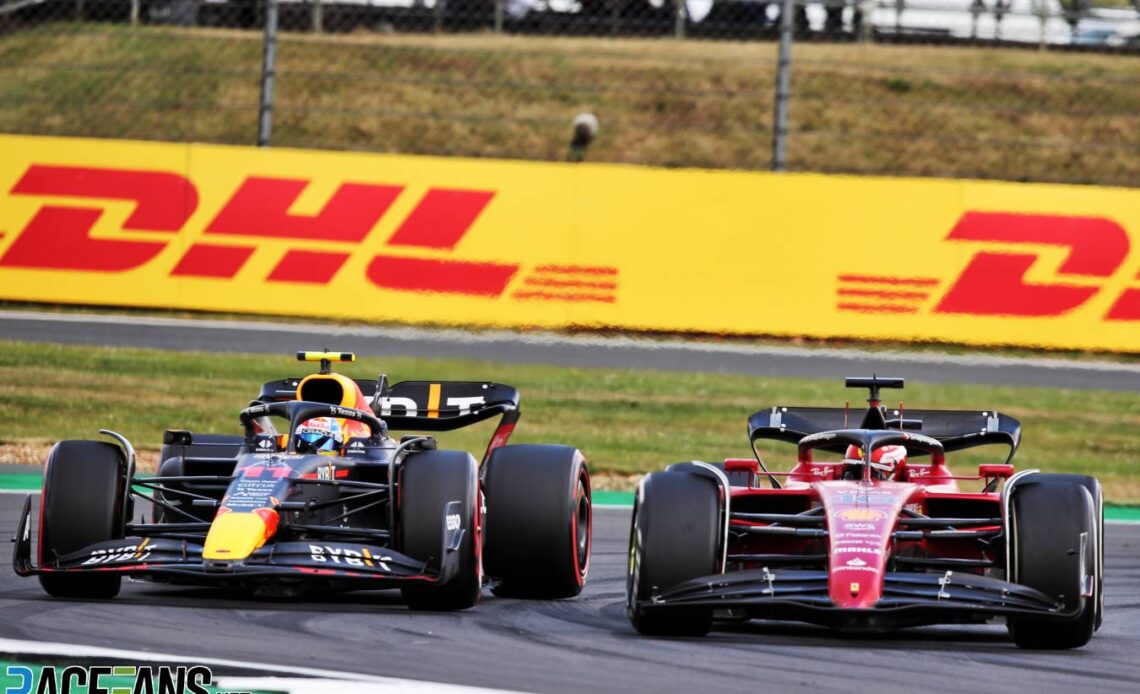 (L to R): Sergio Perez, Red Bull; Charles Leclerc, Ferrari; Silverstone, 2022