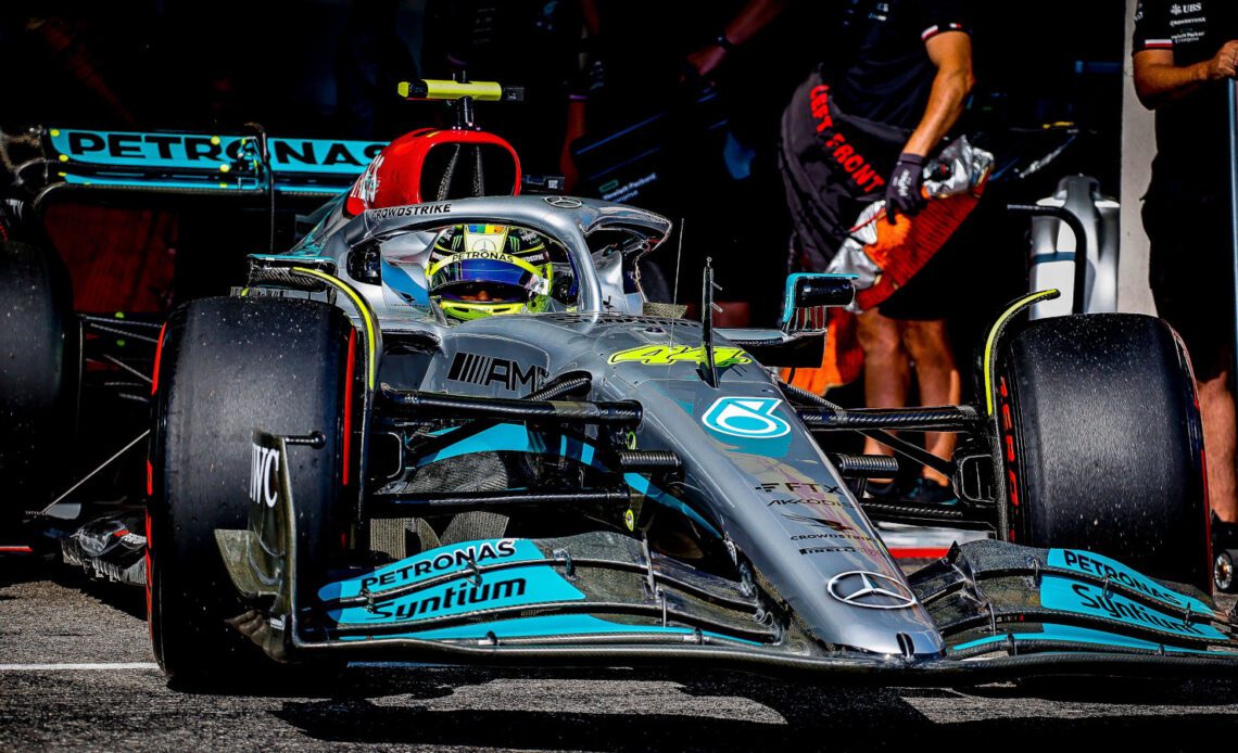 Lewis Hamilton pulls out of the garage, visor up. France July 2022