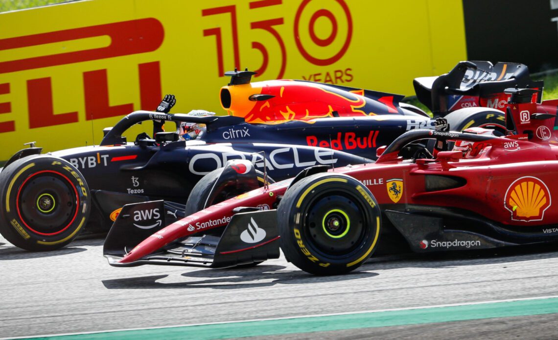 Max Verstappen and Charles Leclerc waving to the fans. Austria July 2022