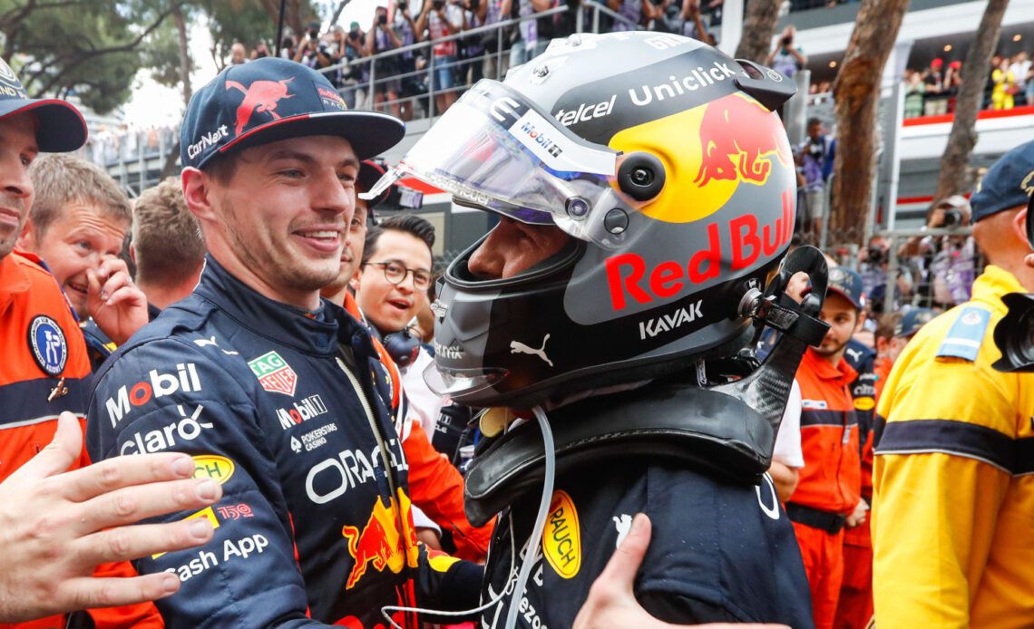 Max Verstappen congratulates Sergio Perez for the win. Monaco May 2022