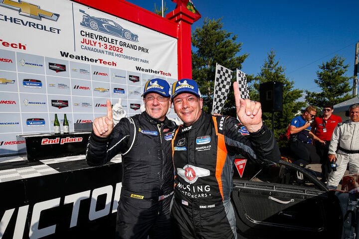 Eric Foss and Marc Miller in victory lane after winning the Canadian Tire Motorsport Park 120, 7/2/2022 (Photo: Courtesy of IMSA)